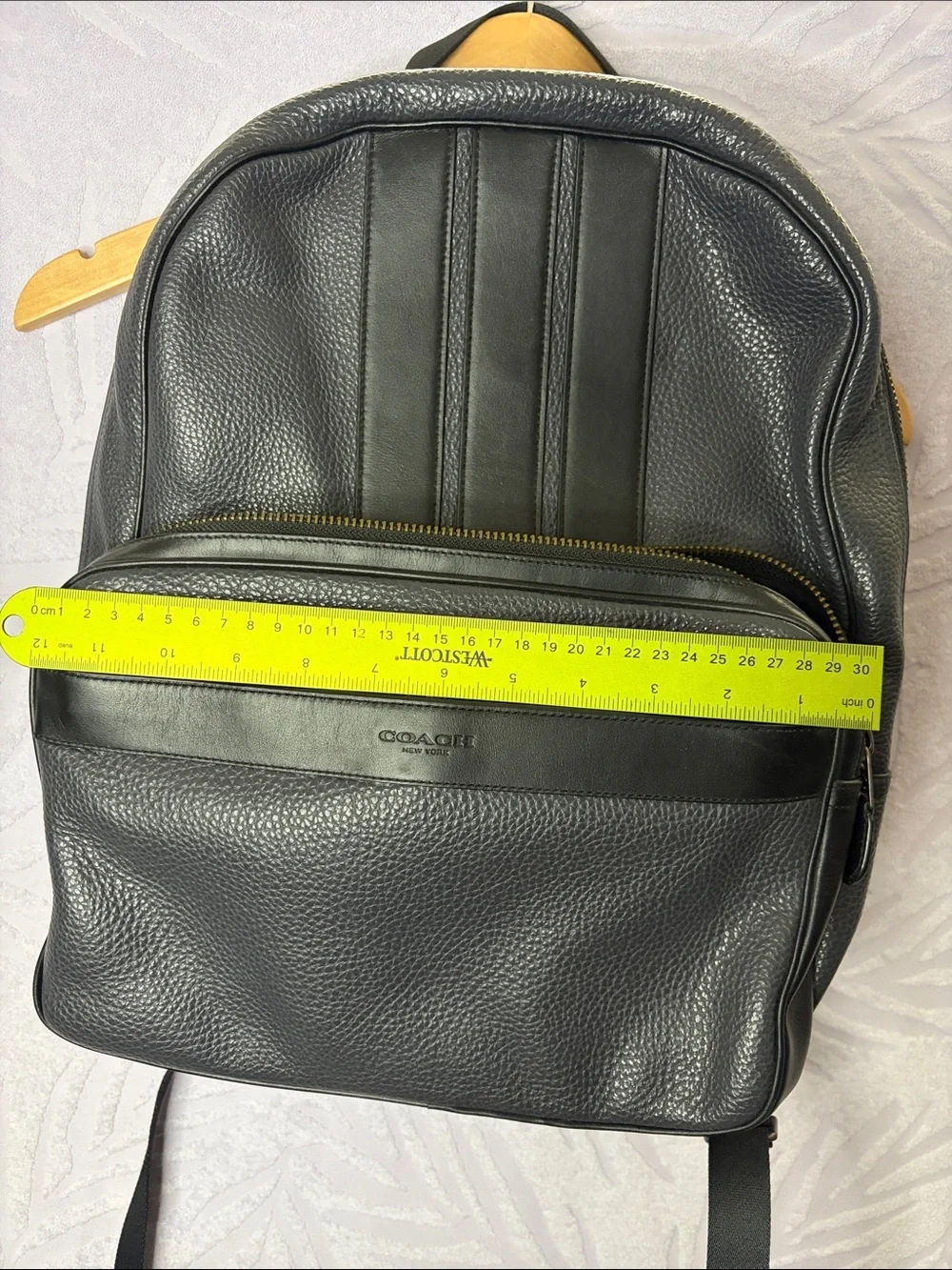 Coach Black Pebbled Leather Backpack with Front Pocket and Stripe Detail